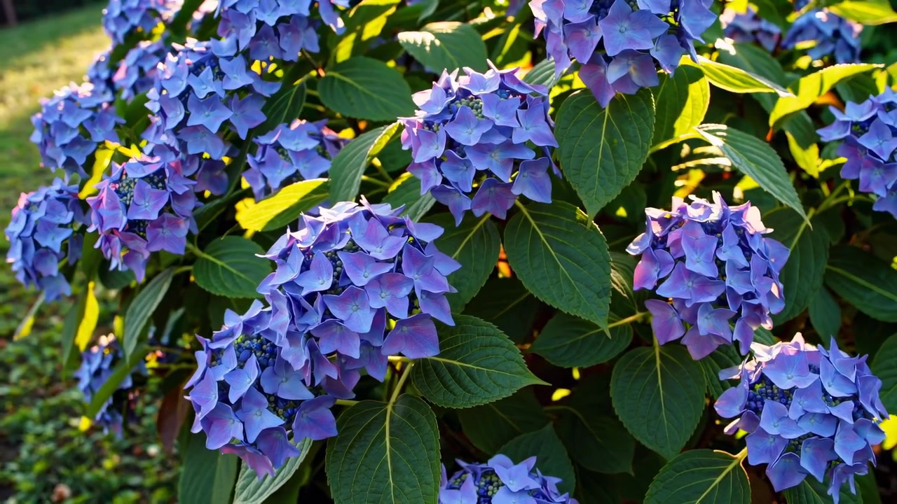 Vibrant Blue Hydrangea Flowers Gently Swaying in Sunlight