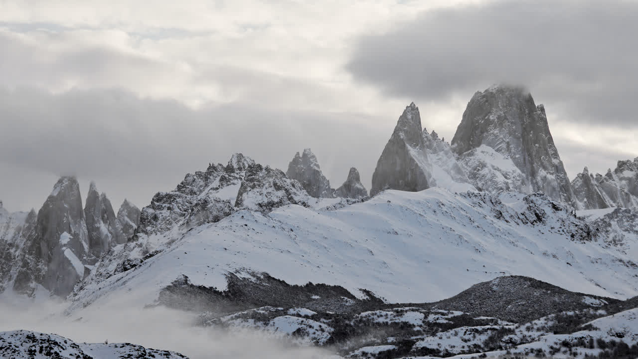 Mount Fitz Roy and Cerro Torre seen from el Chalten in winter. Los Glaciares National Park, Patagonia.
