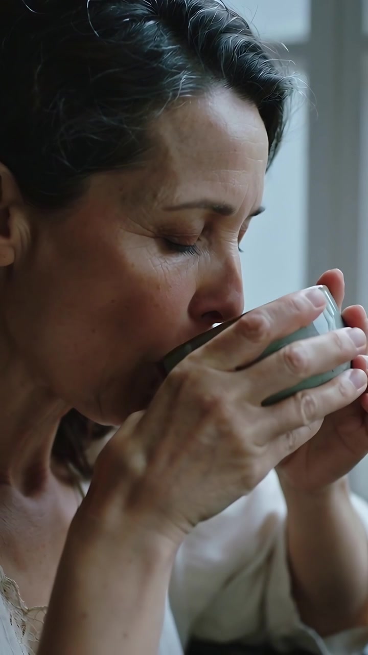 Video verticale: Donna in top morbido che inala l'aroma e poi sorseggia da una tazza vicino alla finestra, con una collana.