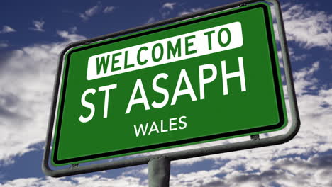 welcome to st asaph, wales, uk city road sign, realistic 3d animation