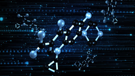 animation of molecules rotating on blue and black background