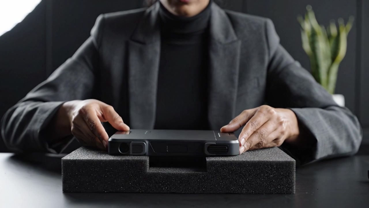 Un profesional concentrado examina un dispositivo elegante que descansa sobre una superficie acolchada, mostrando atención al detalle y diseño moderno en un espacio de trabajo minimalista