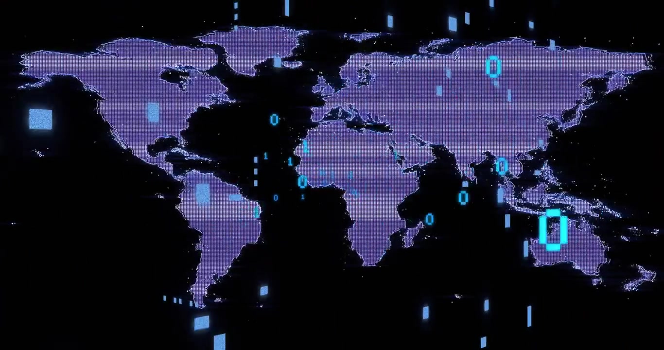 Animation of data processing over world map on black background
