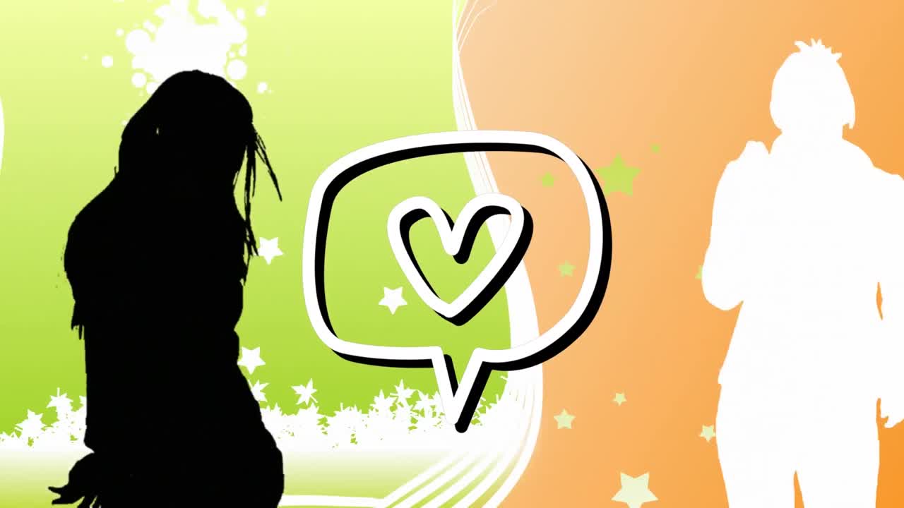 오렌지색과 초록색의 실루 댄서 위의 음성 버블에서 심장의 애니메이션