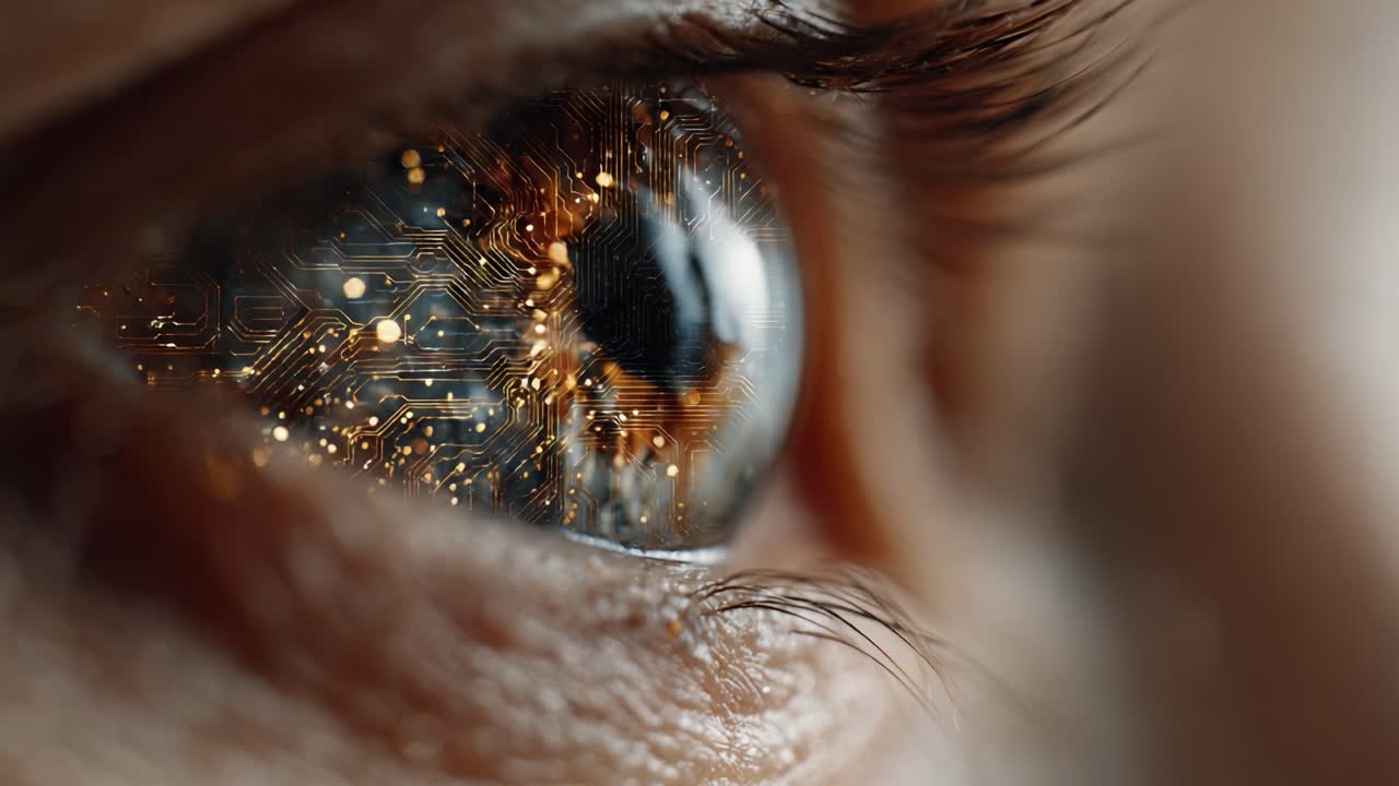 A Stunning Close-up of a Human Eye Enhanced with Digital Circuit Patterns, Blending Organic and Technological Elements to Create a Striking Visual Contrast