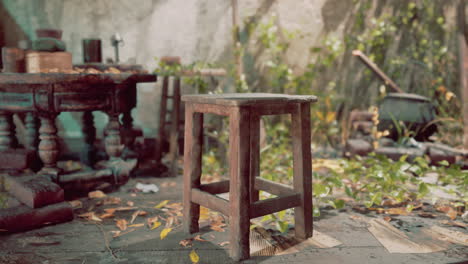 habitación abandonada cubierta de vegetación con taburete de madera