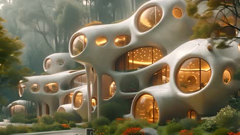 futuristic organic architecture in a forest