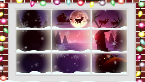 animación de la escena de navidad de invierno con el trineo de santa y los renos vistos a través de la ventana
