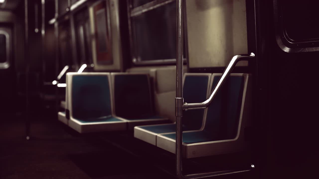 Empty subway train seats in a dimly lit underground station at night