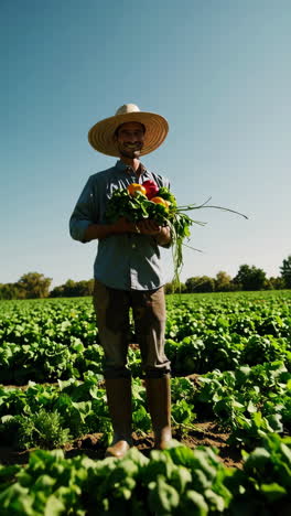 happy farmer in a field with fresh produce