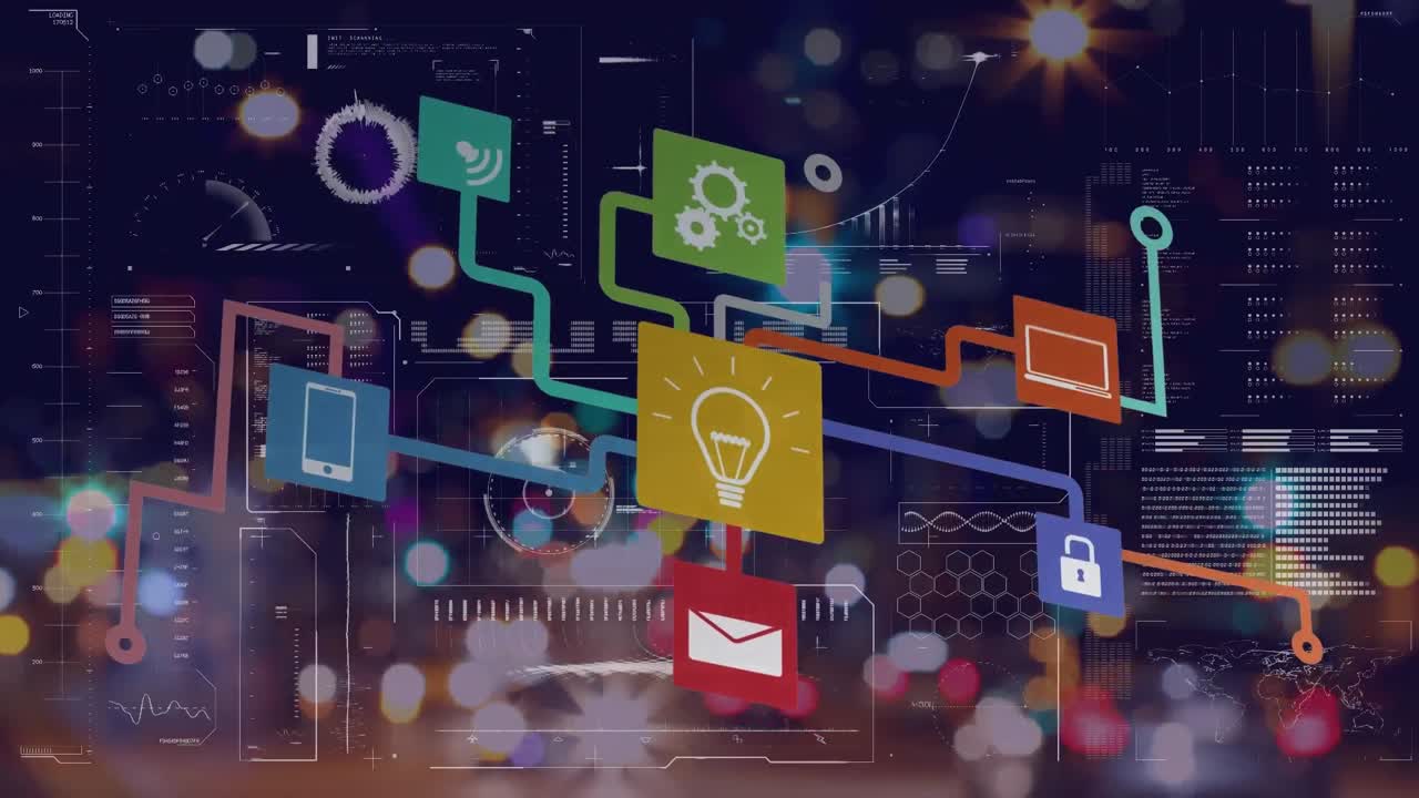 아이콘, 데이터 및 그래프의 네트워크의 애니메이션은 밤 동안 도로 교통을 흐릿하게합니다.