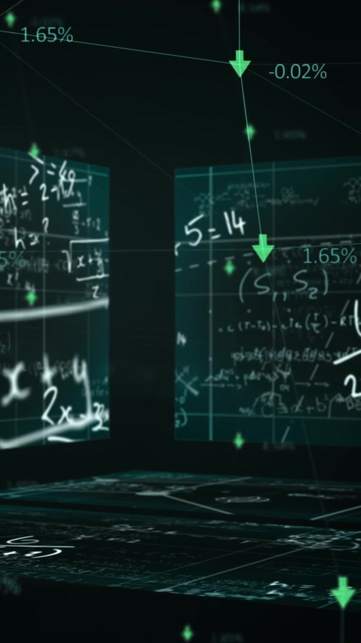 Animation of mathematical formulae and green arrows floating over three boards background