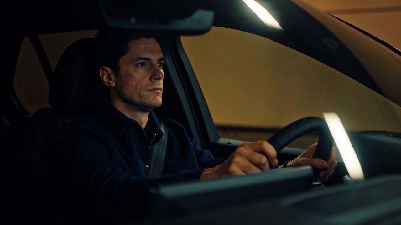 Focused driver keeps eyes forward while moving through tunnel, steady hands guiding steering wheel as alternating warm and cool illumination shifts across his face and dark cabin.