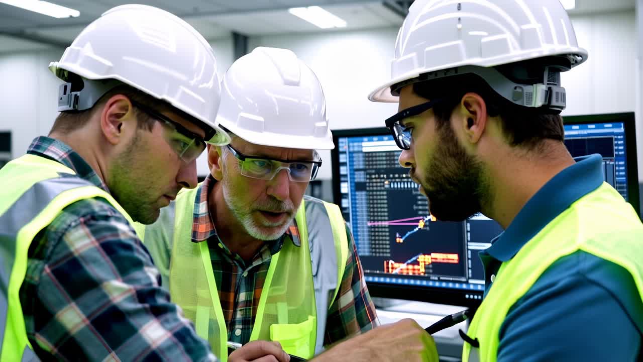 Three men in safety gear are looking at a computer screen