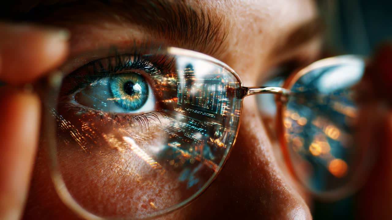 A Close-Up Exploration of Eyes with Spectacles, Capturing City Reflections and Emphasizing Depth, Color, and Detail in an Intimate and Engaging Perspective