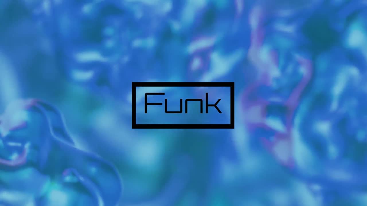 animación de texto y formas funk sobre fondo azul