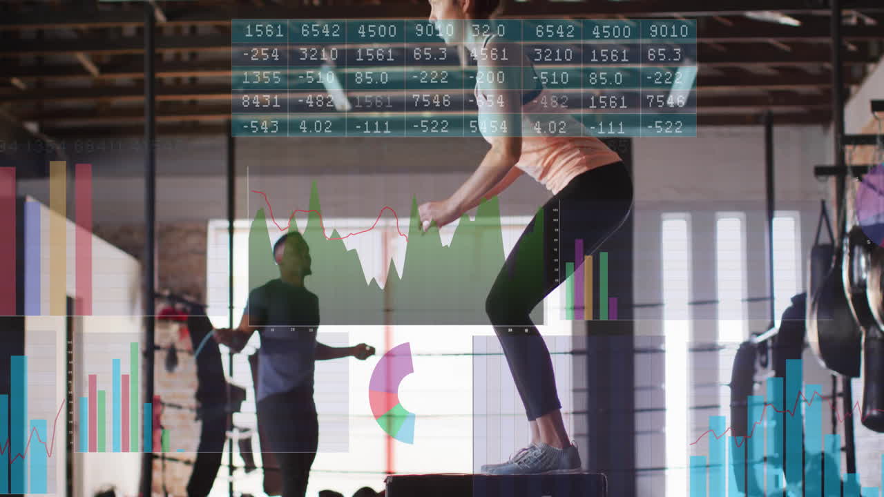 체육관에서 운동하는 다양한 스포츠 사람들에 대한 데이터 처리 및 다이어그램의 애니메이션