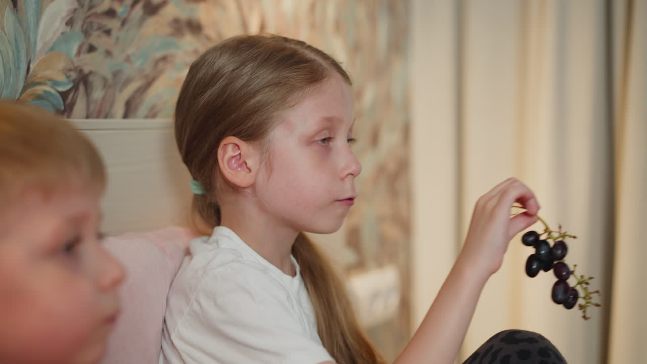 close up of young girl holding black currant branch while picking and eating berries with soft focused sibling beside her sitting on bed in cozy home setting with soft curtain backdrop