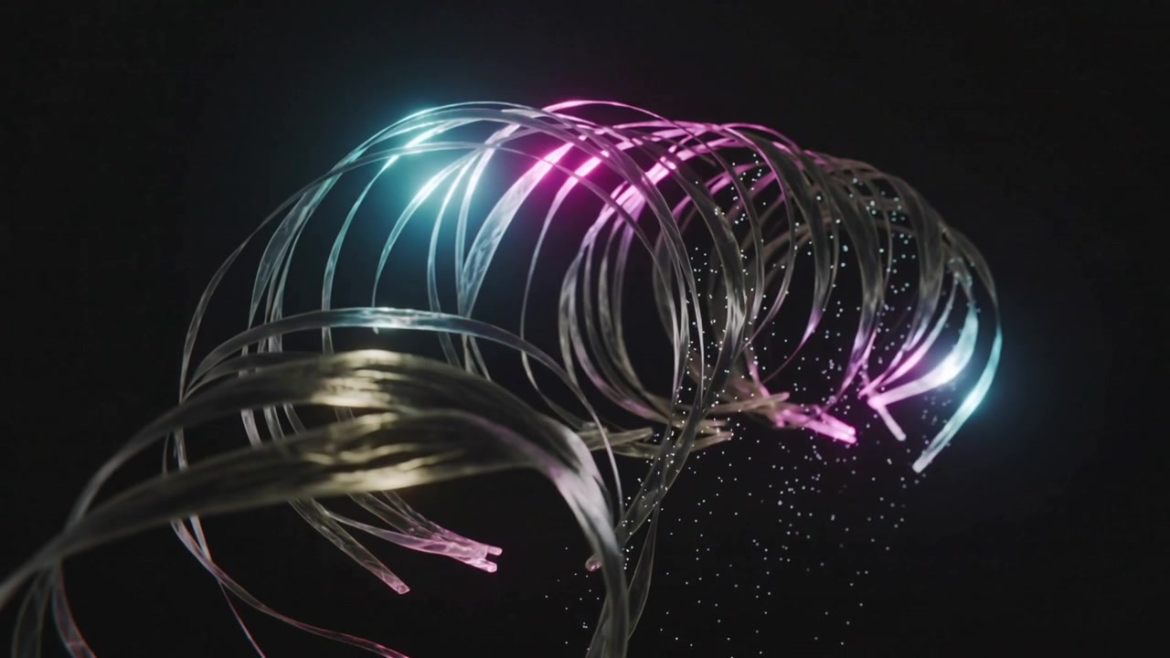 Spirale metallica rotante che ondeggia nel vuoto nero, con pulsazioni ciano e magenta che iniziano ed emettono particelle