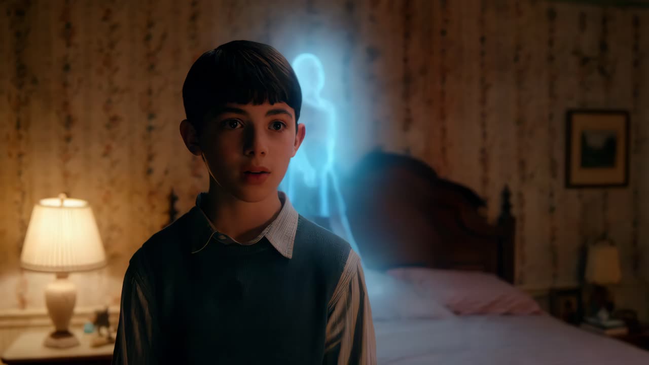 소년은 침실에서 유령을 봅니다.