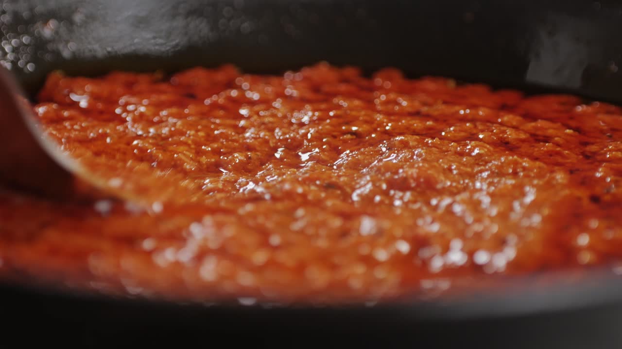 Cooking tomato sauce close-up. Classic homemade Italian tomato sauce for pasta and pizza in the pan. Chef cooking traditional Italian food. High quality 4k footage