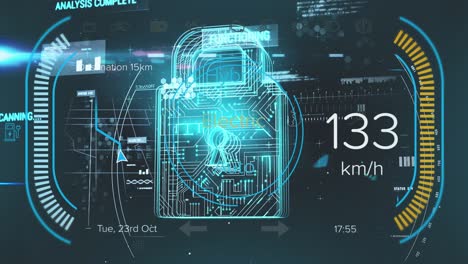 Animation-of-padlock-over-changing-numbers-in-speedometer-against-graphs-and-computer-language