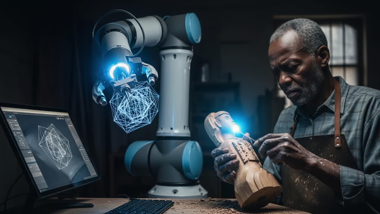 A skilled artisan collaborates with advanced robotics to create intricate wood sculptures, blending traditional craftsmanship with modern technology in a harmonious workspace