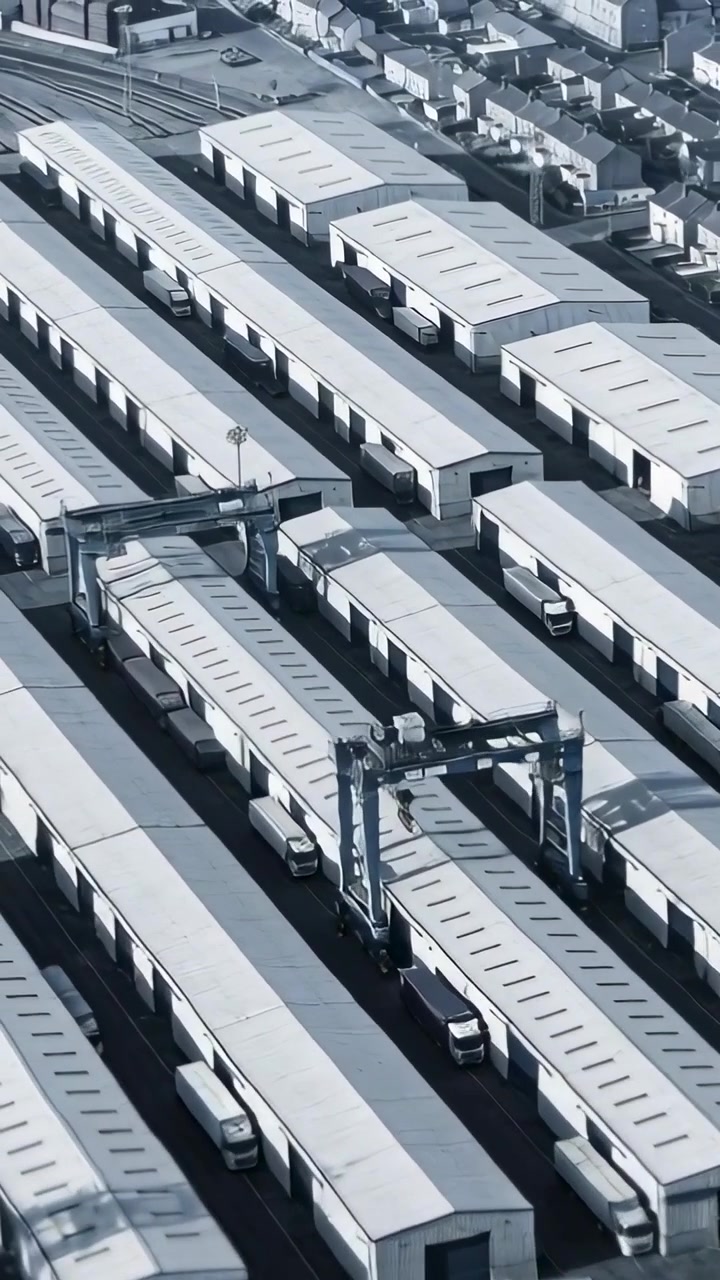 Vertikal video: Stigende drone afslører parallelle haller på depot, viser portalkran for overblik.
