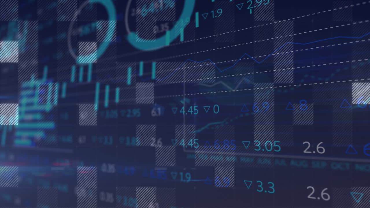 Animation of financial data processing over black background