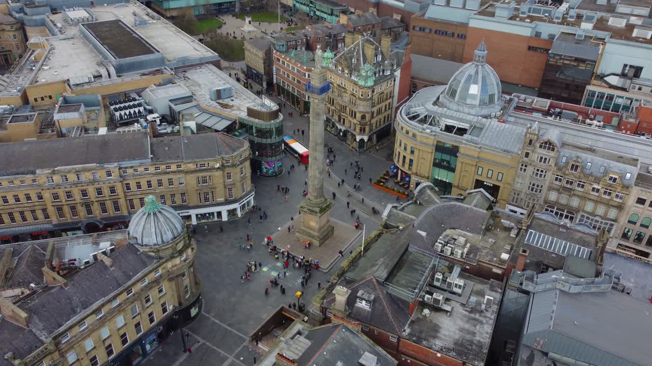Aerial view of Newcastle Upon Tyne City Centre and Grey's Monument - England