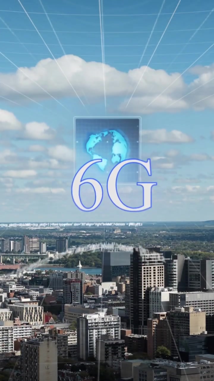 Animaatio 6G-tekstistä, tiedonkäsittelystä ja kaupunkikuvasta
