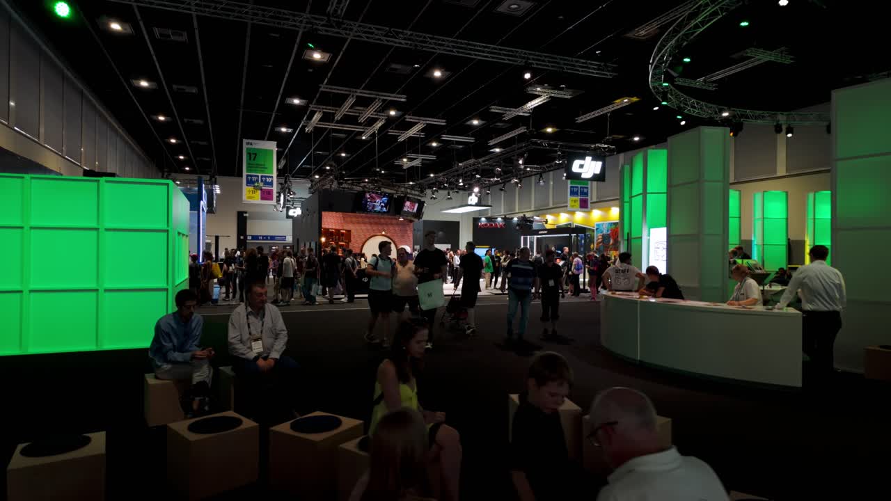 Crowd Of People At IFA Industrial Exhibition Fair Ground In Berlin, Germany. wide drone shot