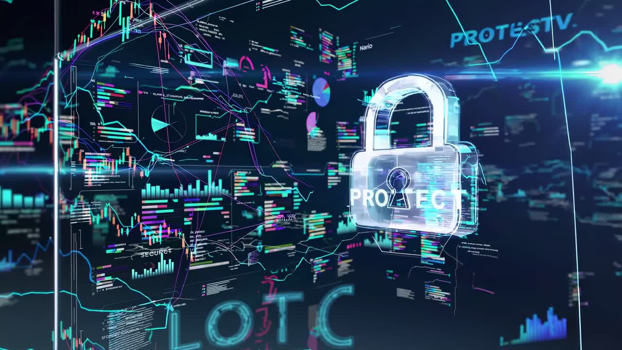 Futuristic video concept with a digital lock and data charts