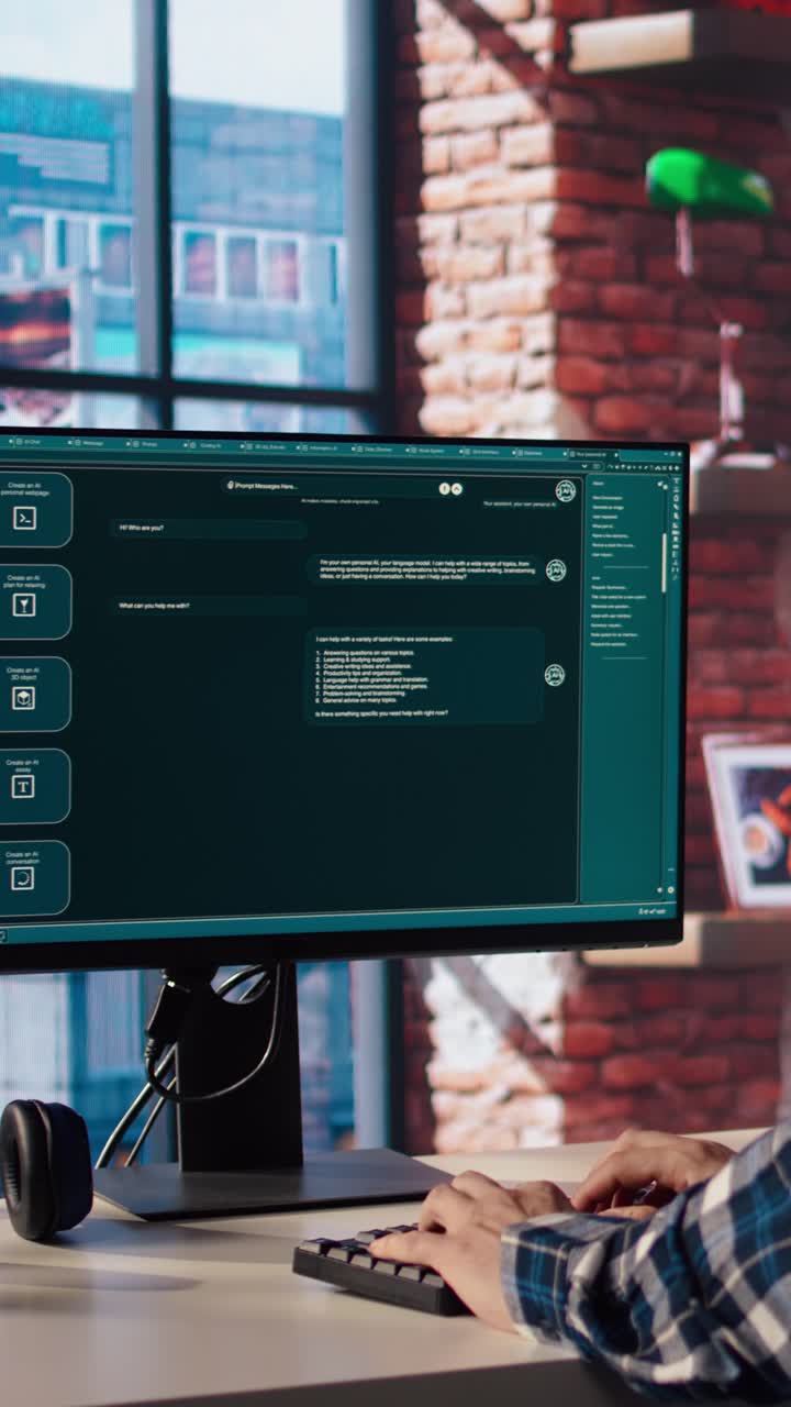 Vertical video Man at home asking questions to AI LLM chatbot virtual assistant