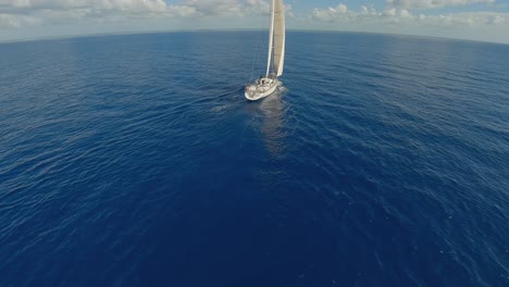 acrobatic aerial drone flying around luxury white oyster 82 yacht sailing on blue ocean waters with horizon in background