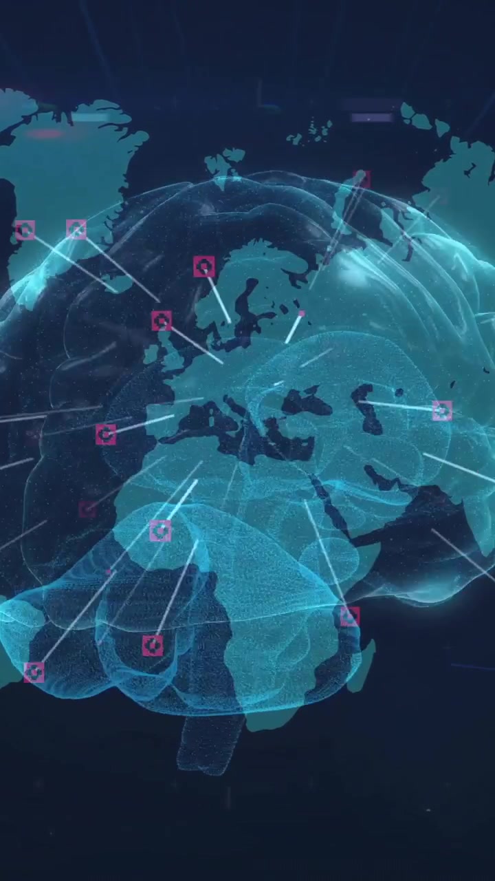 Animation of digital brain over scope scanning with world map on black background