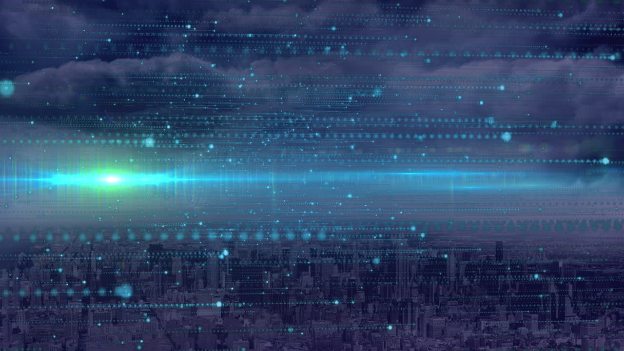 Animation of data processing, cityscape and connections