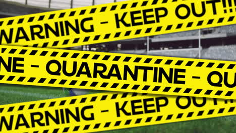 animation of black and yellow tapes with words warning keep out quarantine over rugby ball lying