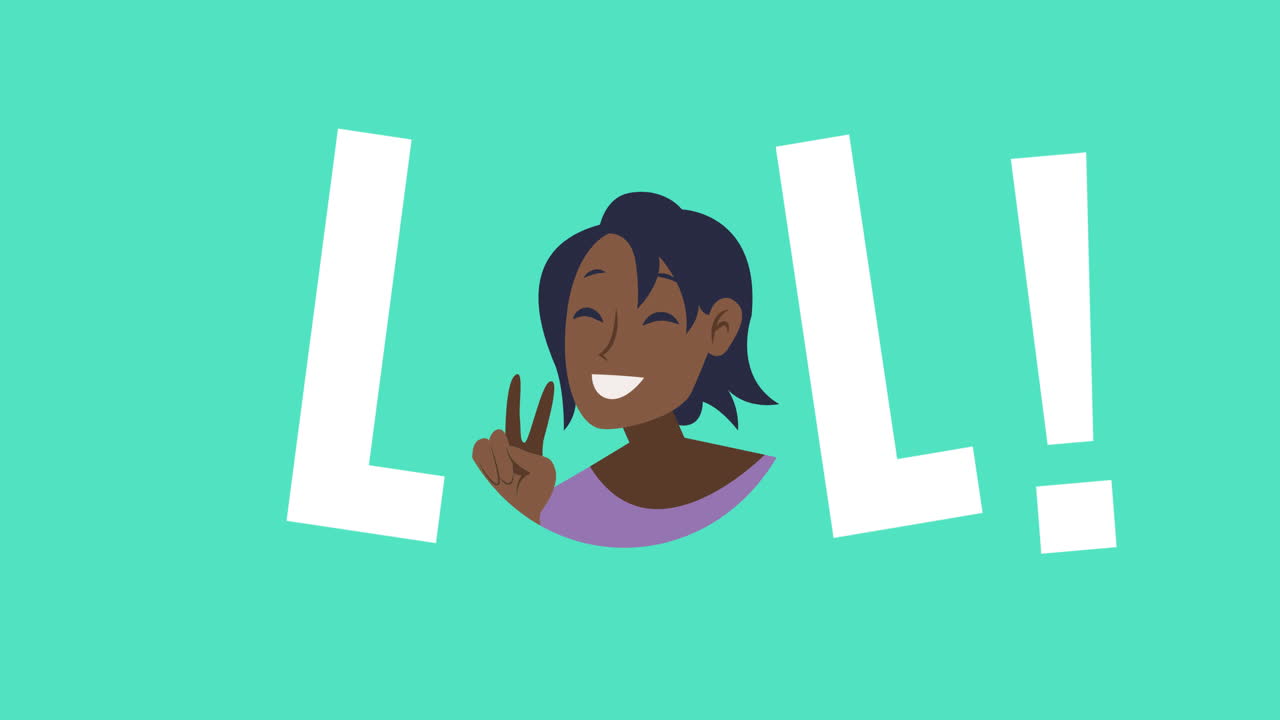 Animation of lol text with smiling woman icon on green background