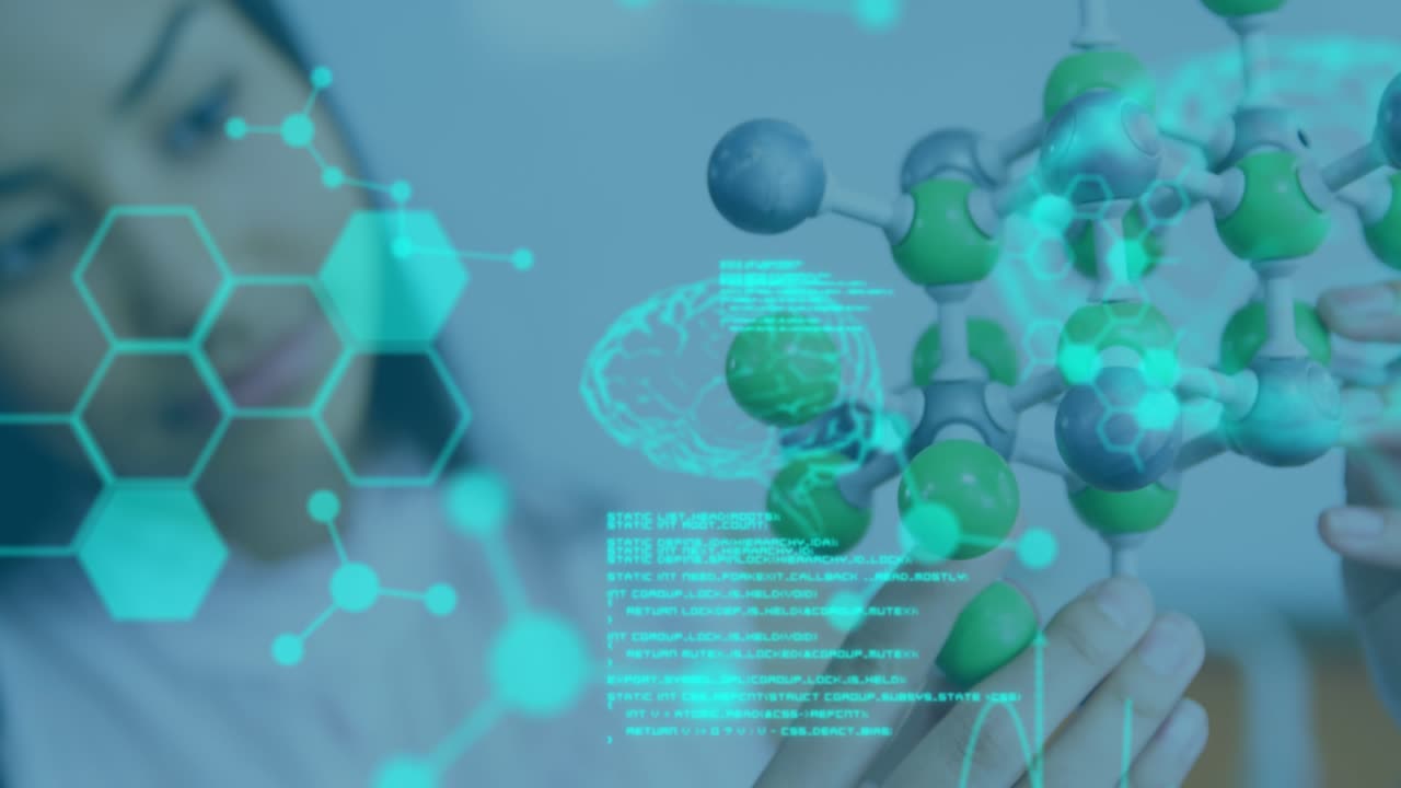 Animation of data processing over caucasian woman in lab