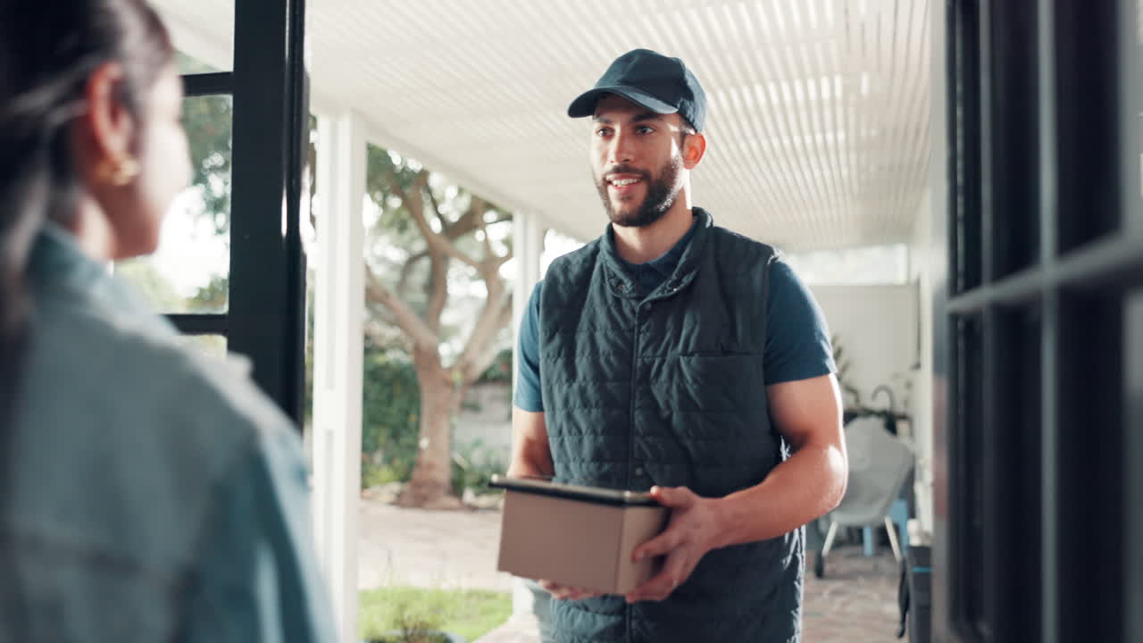 Addetto alle consegne che consegna un pacco a un cliente a casa
