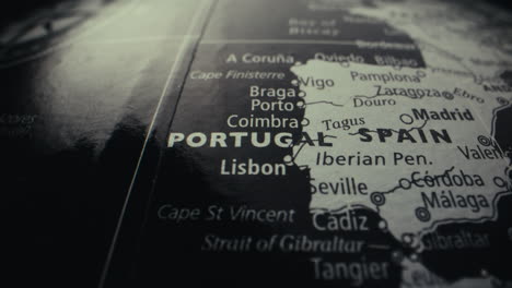 close-up of a world map focusing on portugal and spain
