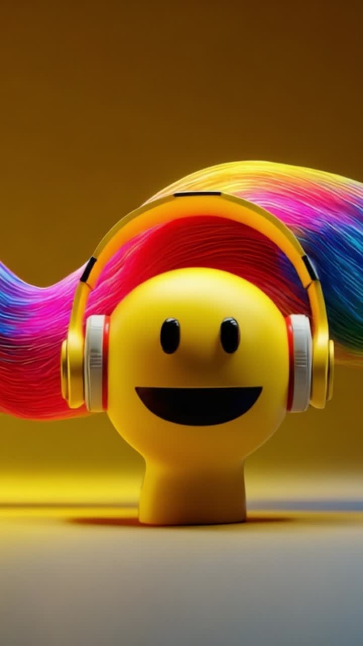 Una vivace faccina sorridente gialla con capelli colorati e fluenti e cuffie, che emana gioia ed energia, cattura l'essenza della musica e della creatività nel suo design.