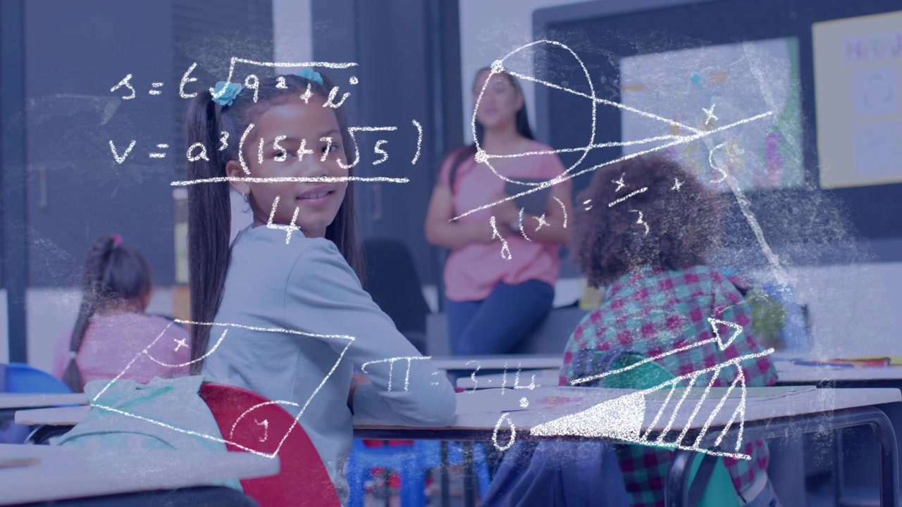 Girl in class writing while chalk math overlays appearing, turning to camera, zooming, smiling