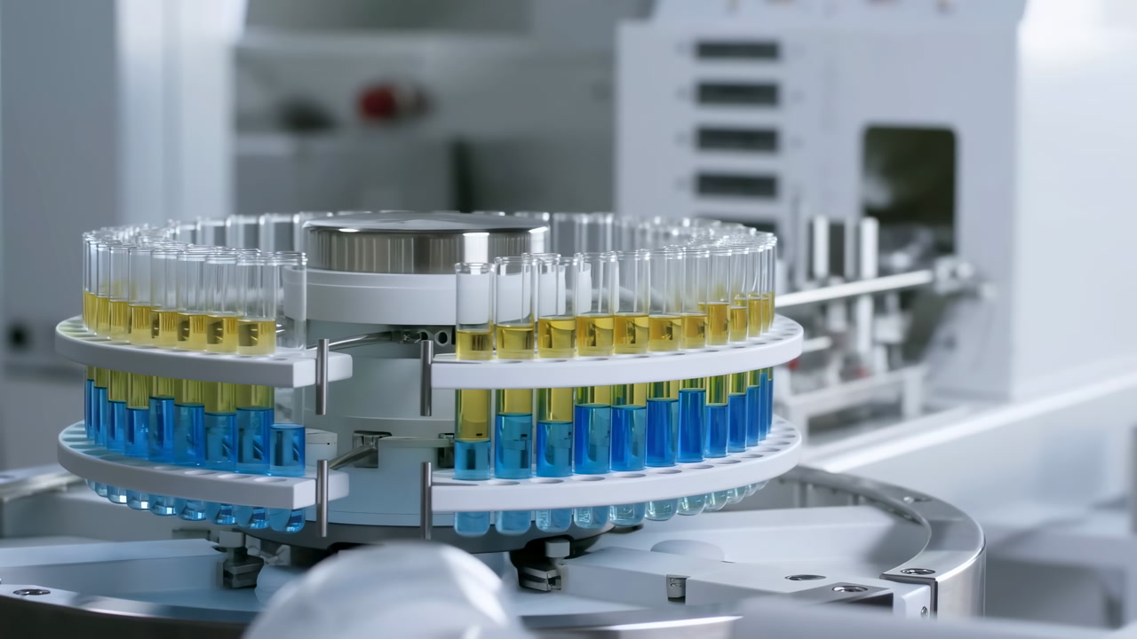 Automated Vial Carousel Processing Clinical Samples, Robotic Turntable Holds Rows Of Glass Vials Filled