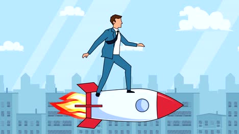 flat cartoon businessman character  fly on rocket startup concept animation