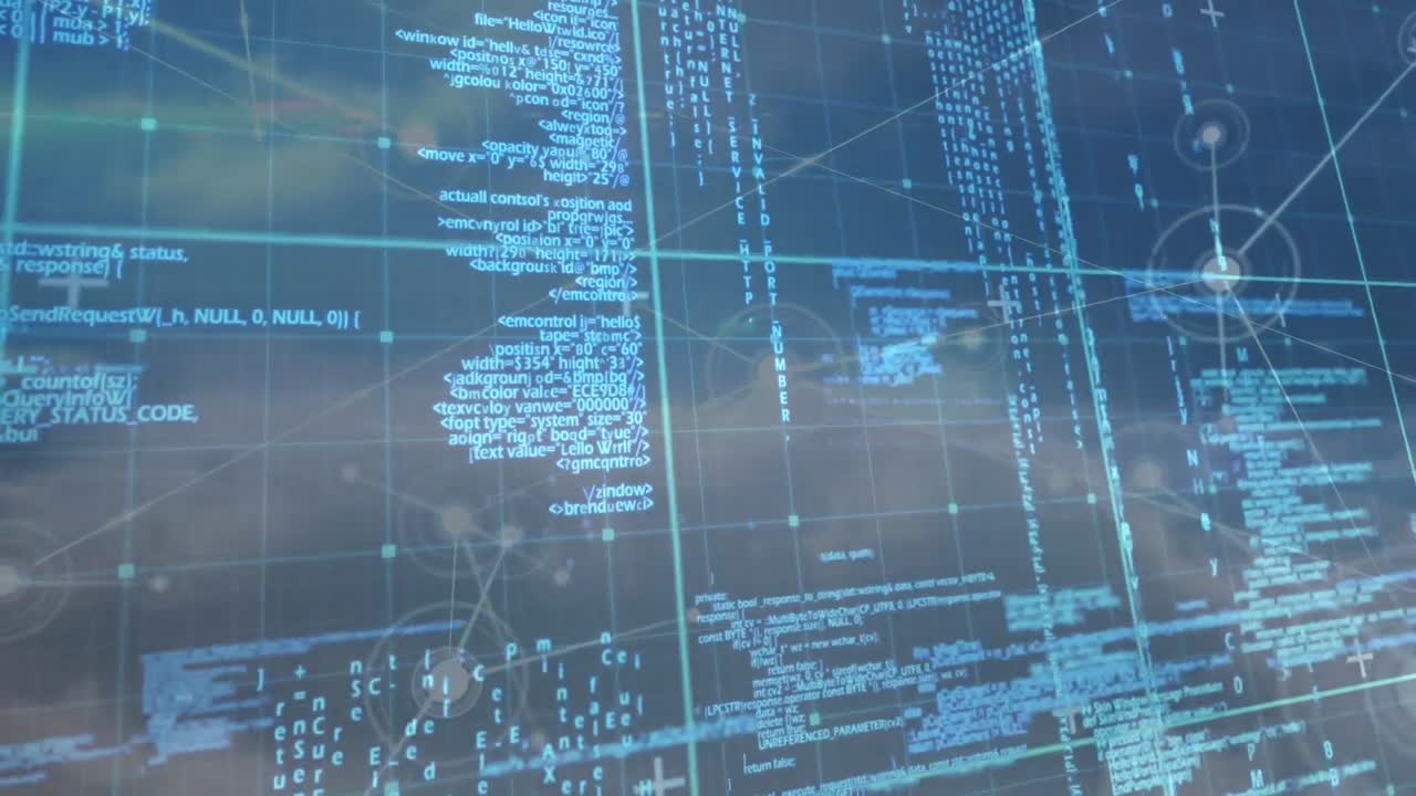 Animation of network of connections and data processing over navy background