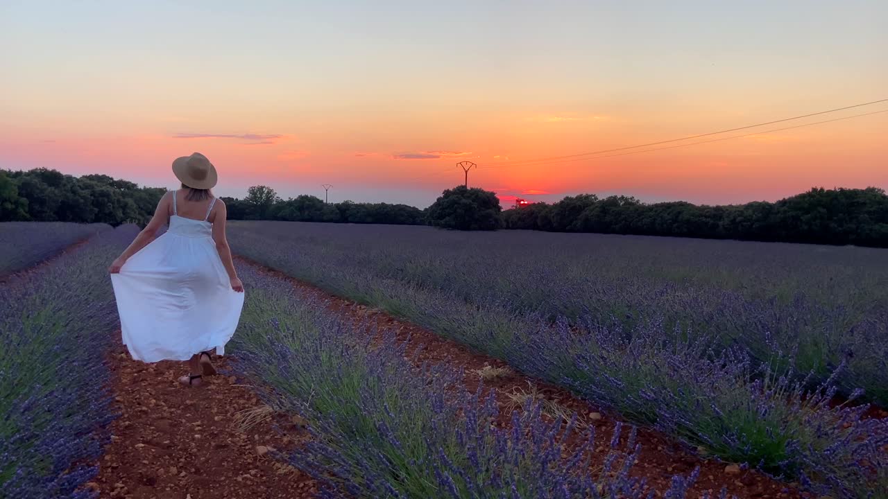Giovane ragazza caucasica bionda che cammina e si volta verso la fotocamera sorridendo in un campo di lavanda al tramonto.