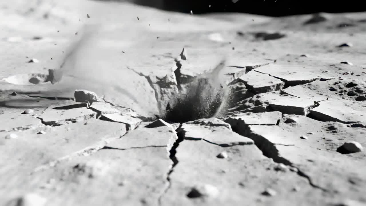 Striking projectile creating dust on cracked surface, opening central crater and lofting debris