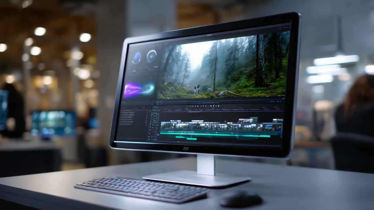 Die Benutzeroberfläche einer fortschrittlichen Video Editor-Software wird auf einem modernen Computerbildschirm angezeigt und zeigt Bearbeitungen einer ruhigen Waldszene mit einer immersiven Klangumgebung.